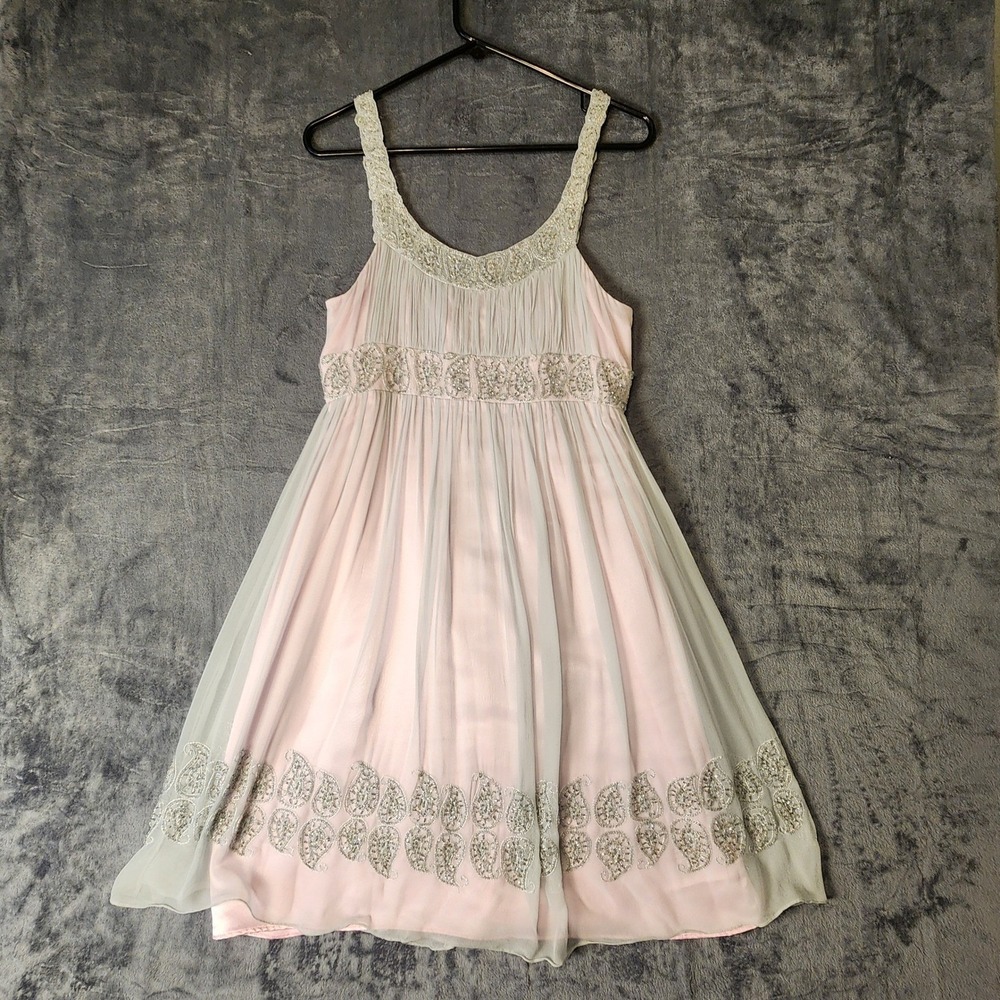 Nightway Silk Beaded Paisley Empire Waist Cocktail Dress Pink Grey Women 8